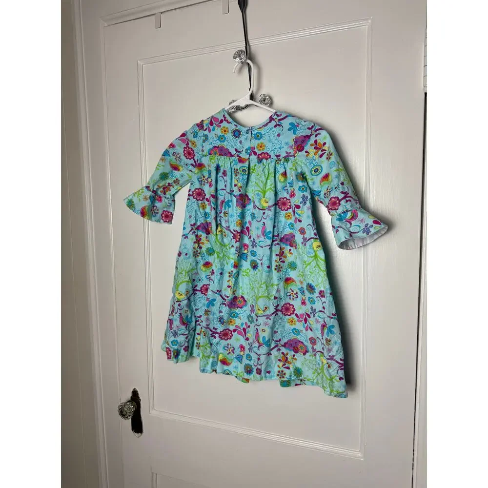 Marmellata Blue Pink Floral Bell Sleeve Ruffle Smocked Bird Dress Size 6